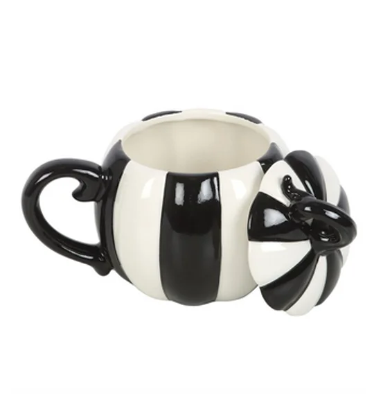 Black and White Striped Pumpkin Lidded Mug