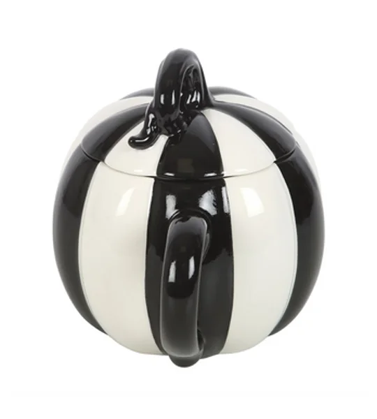 Black and White Striped Pumpkin Lidded Mug