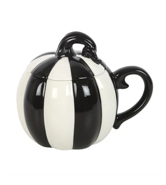 Black and White Striped Pumpkin Lidded Mug