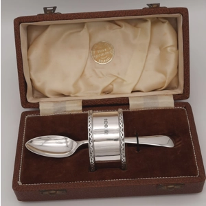 A Sterling Silver Cased Christening Set of Napkin Ring and Spoon - Sheffield 1958 A Sterling Silver Cased Christening Set of Napkin Ring and Spoon - Sheffield 1958