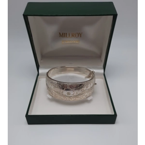 Vintage Sterling Silver Wide Floral Engraved Bangle - Boxed