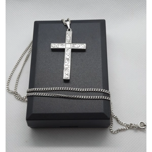 Sterling Silver Hallmarked Patterned Cross on Sterling Curb Chain
