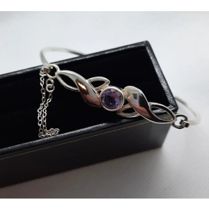 Sterling Silver Amethyst Set Bangle with Safety Chain - Boxed