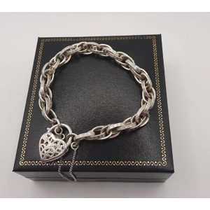 Sterling Silver Patterned Double Link Bracelet with Fancy Heart Padlock