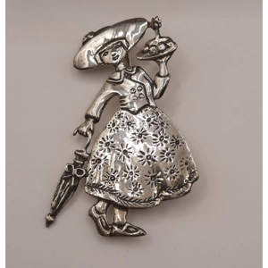 Mary Engelbreit Female Figure with Umbrella and Cake Brooch in Sterling Silver