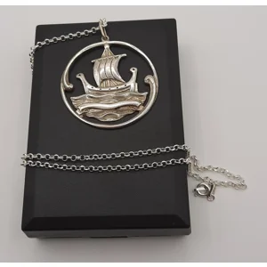 Vintage Sterling Silver Large Viking Boat Design Pendant and Chain