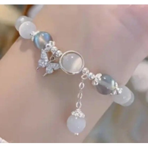 Butterfly Charm Opal Gray Beaded Bracelet