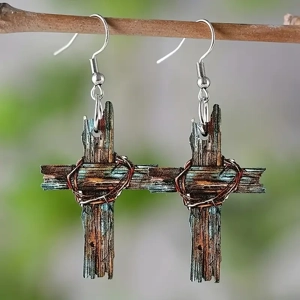 Wooden Cross with Thorn Earrings