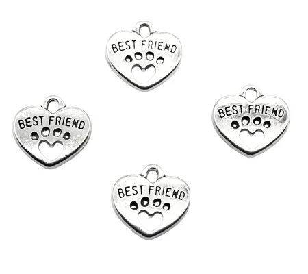 Heart shape Best Friend with Paw Print Metal Charms Pack of 4