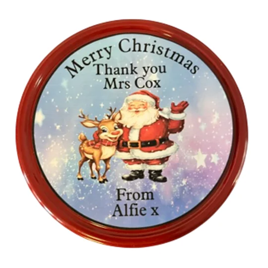 Personalised Christmas Present sticker, Make that Christmas tin of biscuits for the teacher,, neighbour or bin man extra special. . 
Made by Buttons and Bows Kettering Northamptonshire.