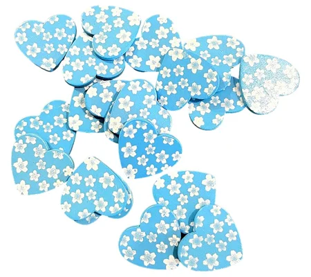 5 x Blue Wooden Hearts with flower pattern 3cm x 2.5cm