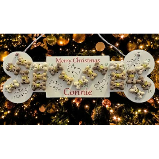 Personalised Christmas Dog Puppy treats Wooden Advent Calendar 
Buttons and bows Kettering Northants