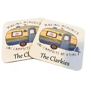 Caravan Campsite Holiday theme coasters, personalised, Making Memories