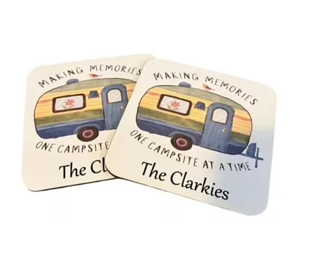 Caravan Campsite Holiday theme coasters, personalised, Making Memories