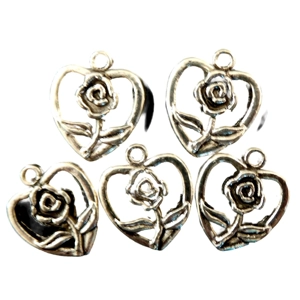 Heart with Rose Flower Metal Charms x 5