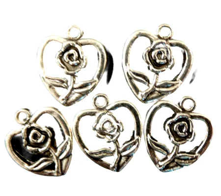 Heart with Rose Flower Metal Charms x 5