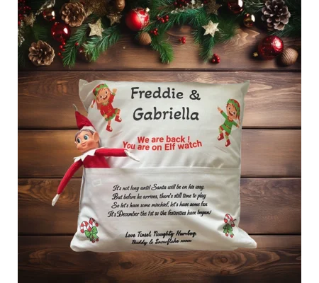Personalised Christmas Elf Cushion Pillow Cover with Pocket