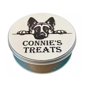 Personalised Dog Puppy treat tin, 15cm Round Tin, Keepsake Any name can be added