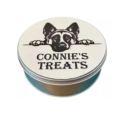 Personalised Dog Puppy treat tin, 15cm Round Tin, Keepsake Any name can be added