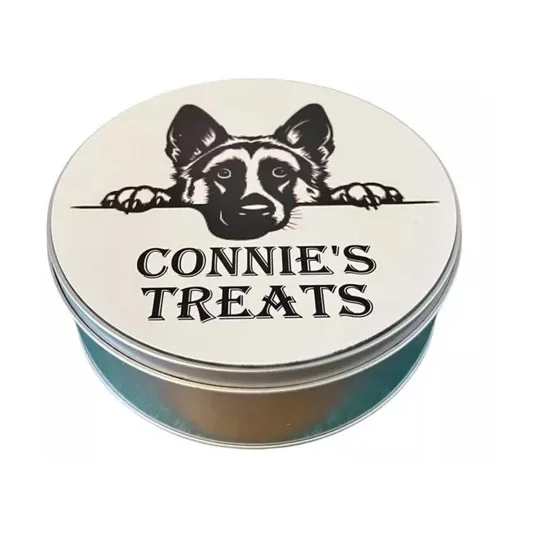 Personalised Dog Puppy treat tin, 15cm Round Tin, Keepsake Any name can be added