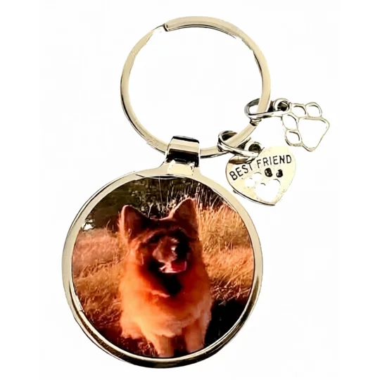 Personalised pet keyring with hanging charms paw and a heart saying best friend any photograph added It Made by Buttons and Bows Kettering Northamptonshire.