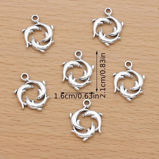 Dolphin Metal Pendant Charms Group showing measurements