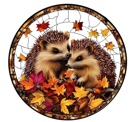 Hedgehog Autumn Leaves Design Suncatcher 14cm