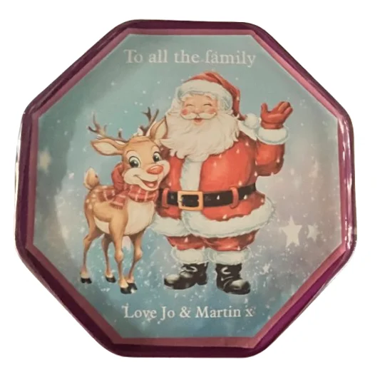 Christmas scene hexagon sticker for tub of chocolates
buttons and bows Kettering
Northants