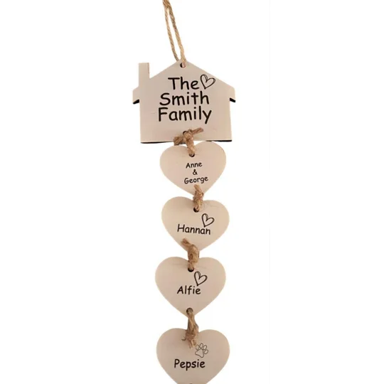 Personalised wooden house with hanging named hearts.Buttons and bows Kettering Northants