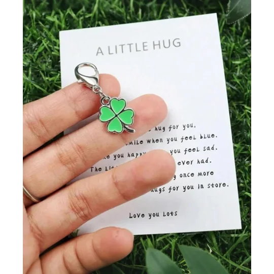 A Little Hug 4 Leaf Clover Metal Keyring Charm and Quote with hand