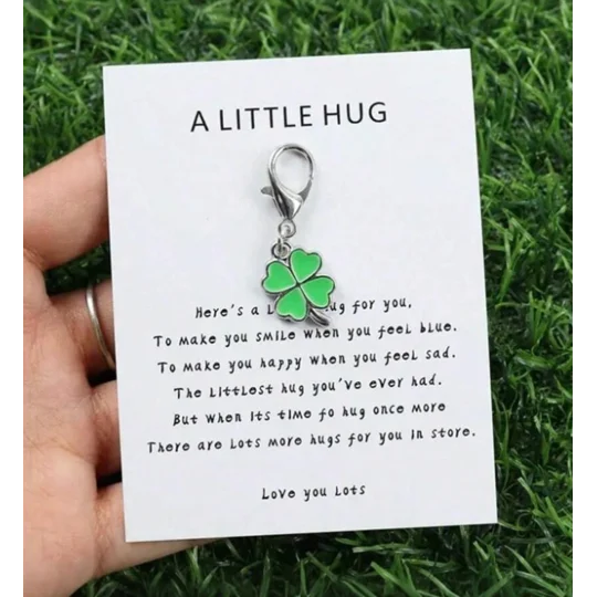A Little Hug 4 Leaf Clover Metal Keyring Charm and Quote Buttons and Bows Kettering.