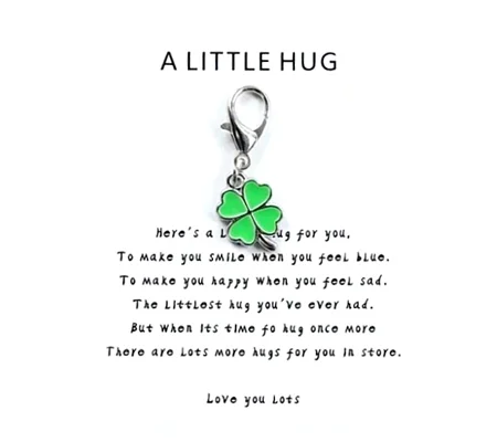 A Little Hug 4 Leaf Clover Metal Keyring Charm and Quote