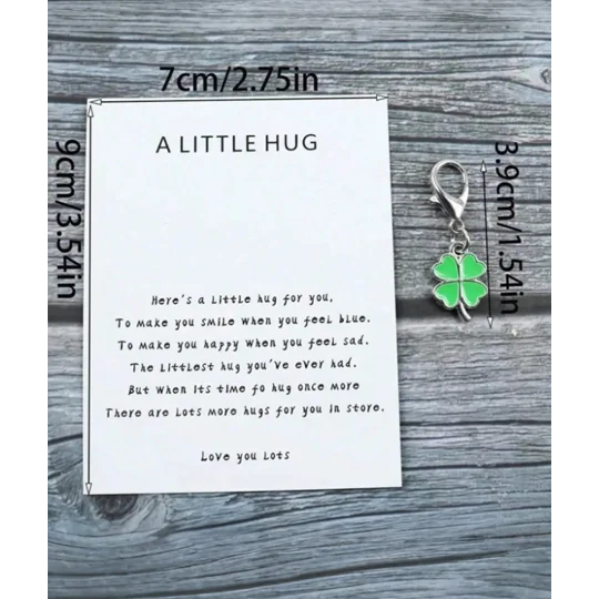 A Little Hug 4 Leaf Clover Metal Keyring Charm and Quote
