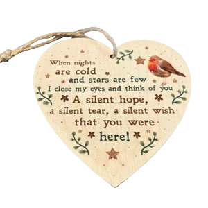 When nights are cold and stars are few, with robin. Memorial wooden heart Hanging plaque / Sign