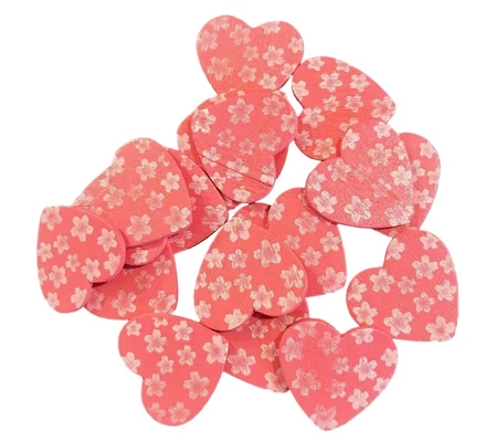 5 x Pink Wooden Hearts with flower pattern 3cm x 2.5cm