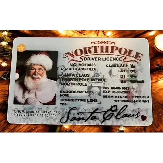 Father Chistmas Santa Driving Licence with background Buttons and bows Kettering Northants