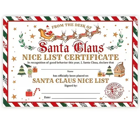 Santa Claus Nice list Certificate Size 15cm x 10cm