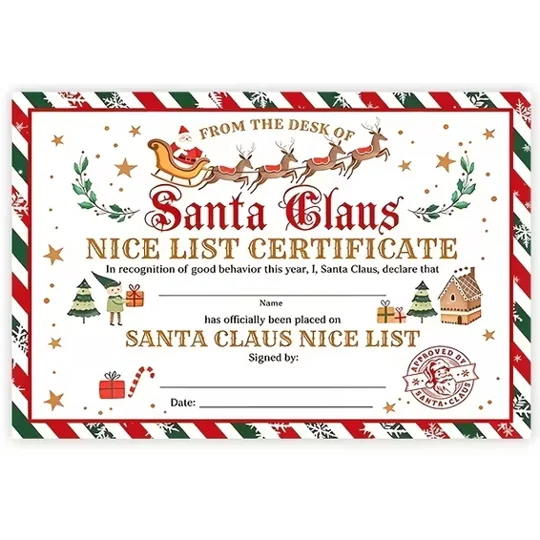 Santas Nice list certificate Buttons and bows Kettering Northants