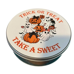 Trick or Treat Round Tin Halloween Theme with Ghosts and Pumpkins,