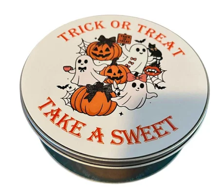 Trick or Treat Round Tin Halloween Theme with Ghosts and Pumpkins,