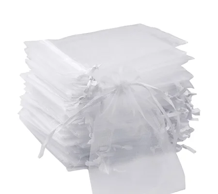 10 x White Organza Pull Cord Bags Size 7cm x 7cm