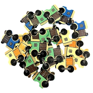 5 x Wooden Trains Various Colours card or Cake Decoration 3cm x 3cm