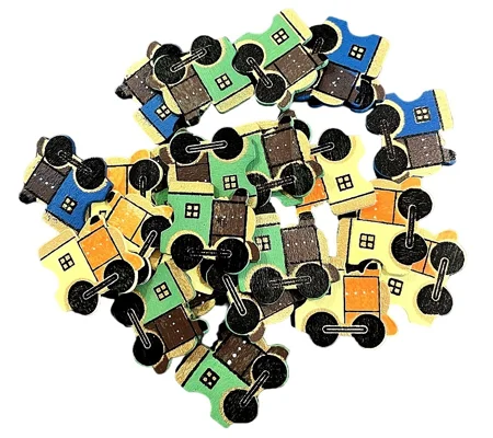 5 x Wooden Trains Various Colours card or Cake Decoration 3cm x 3cm