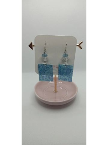 Blue handmade pattern polyshrink plastic pendant earrings