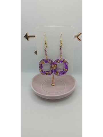 Purple and gold circular pendant earrings