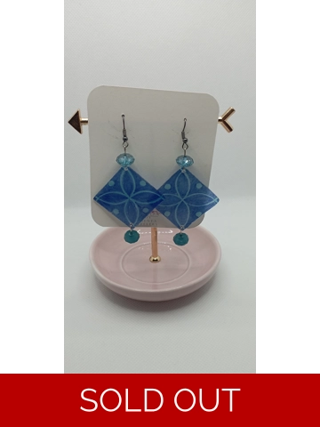 Blue patterned polyshrink plastic pendant earrings