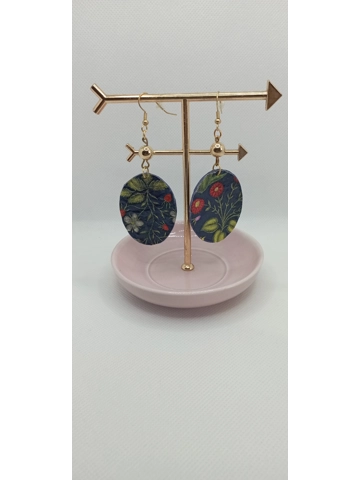 Dark blue oval flower pendant earrings