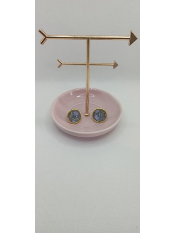 Blue pattern with leaves button earrings (gold frame)