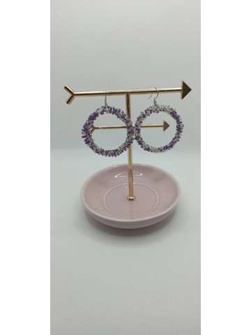 Crystal effect purple and silver hoop pendant earrings