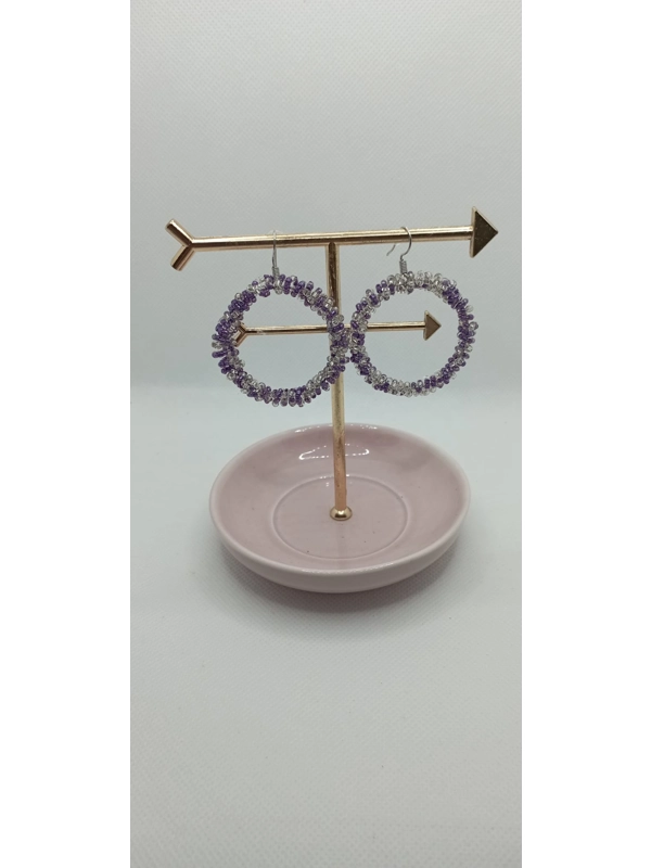Crystal effect purple and silver hoop pendant earrings